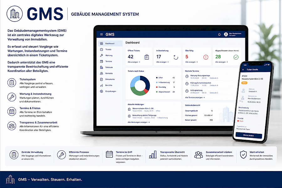 Gebäudemanagementsystem (GMS) zur digitalen Verwaltung von Immobilien – Wartungen, Instandhaltung und Termine effizient im zentralen Ticketsystem organisieren.